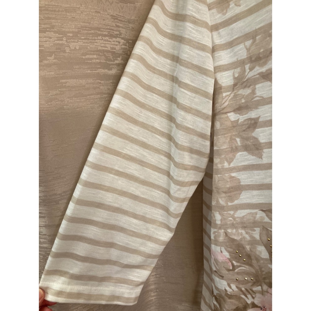 Alfred Dunner Women's M Beige Stripe Floral Print Rhinestone Lace Top - Picture 4 of 10
